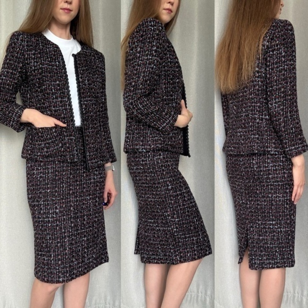 Lafayette 148 Wool Blend Tweed Black Blue Long Sleeve Suit Blazer Skirt S (4)